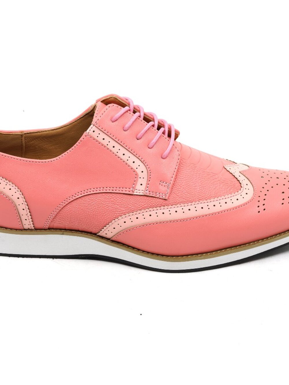 Pink Men's Dress Shoes, Wing tip Brogue Lace-Up Oxford, White Rubber Sole - Picture 2 of 5